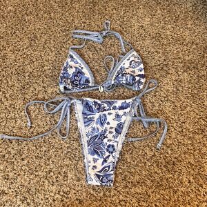 Blue‎ Floral Print Tie Side Bikini Set Women's Swimsuit Beach Vacation Summer